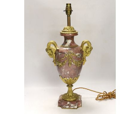 A Louis XVI style ormolu mounted marble table lamp, 52cm