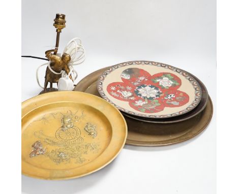A Japanese cloisonné enamel dish, another similar dish, a Chinese mixed metal dish  and a figural lamp etc
