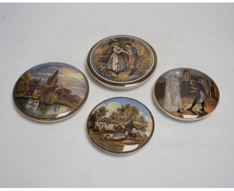 Eight Victorian ceramic Prattware pot lids, six with Shakespeare themes and a jar and cover, largest 12cm in diameter