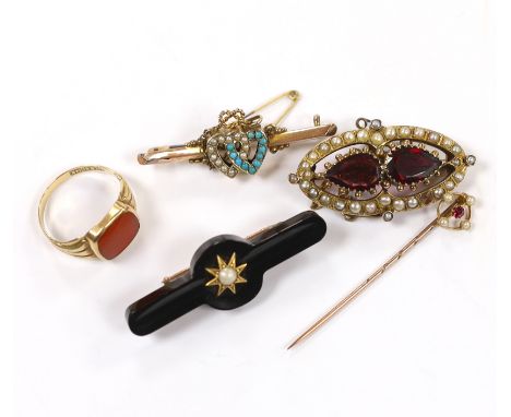 A 14k and carnelian set signer ring, size R/S, 3.1 grams, a Victorian yellow metal, two stone garner and split pearl cluster 