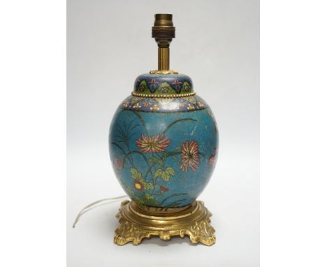 A Japanese ceramic cloisonné jar, mounted as a lamp, 30cm total