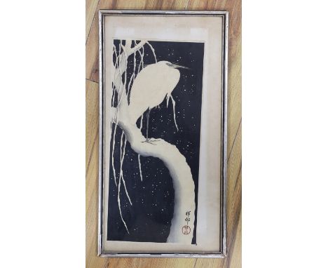 Ohara Koson (Japanese, 1877-1945), woodblock print, Egret in snow, 38 x 17cm