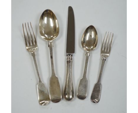 A harlequin part canteen of mainly 19th century silver fiddle pattern flatware, various dates and makers including set of six