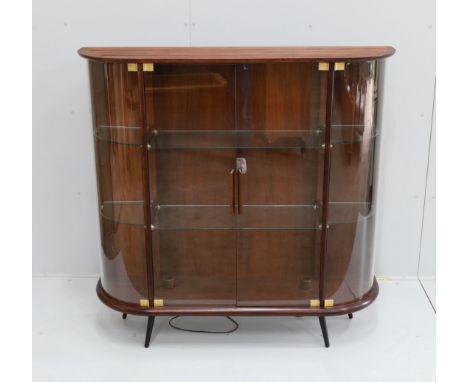 A mid century Indian rosewood glazed display cabinet with lighting, width 133cm, depth 36cm, height 130cm