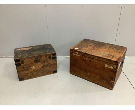 A Victorian rectangular pine trunk, width 65cm, depth 47cm, height 43cm together with a smaller later iron bound trunk