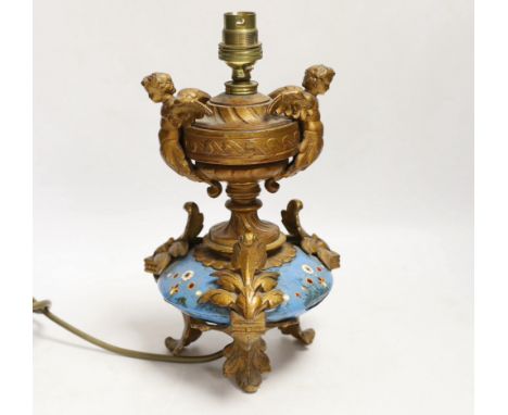 A French enamel and copper and gilt metal mounted lamp, 28cm