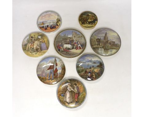 Eight Victorian ceramic Prattware pot lids, including ‘Alas Poor Bruin’ scene with bear, largest 13cm