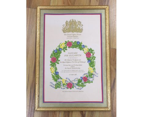 A vintage silk Royal Opera Covent Garden programme, Fanfare for Elizabeth II, 21st April, 1986, designed by Michael Szell, or