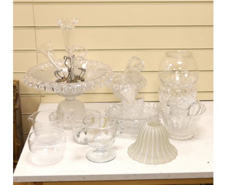 Glassware including cut glass service, 2 comports and a dish, finger bowls, an epergne etc, largest 35cm in diameter