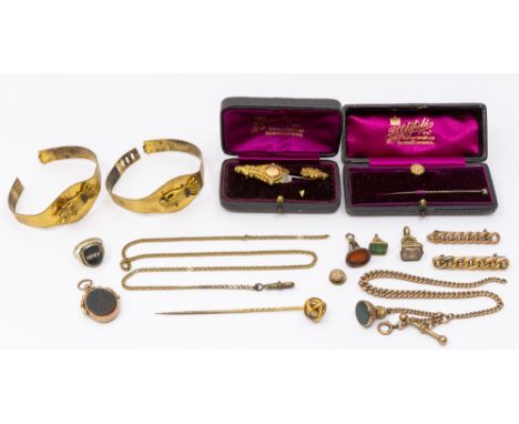 A collection of antique jewellery to include two Georgian hardstone seal fobs, the smallest damaged, height approx 10mm, the 