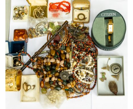 A collection of vintage costume jewellery to include Miracle brooches, silver enamel and marcasite Iris brooch,  paste set br