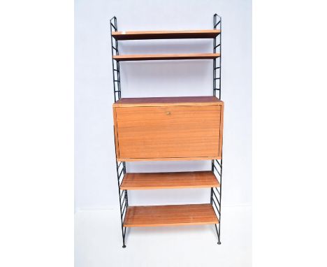 A 1960s teak ladderax bureau shelving unit with four shelves and bureau on ladder frame, no makers mark.