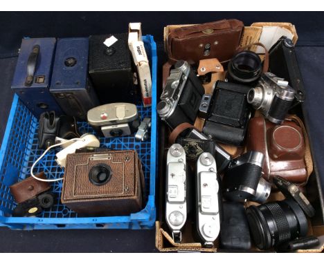 Two boxes of assorted cameras to include: Ensign Midget, Zeiss Ikon, and others. General condition is good. (2)