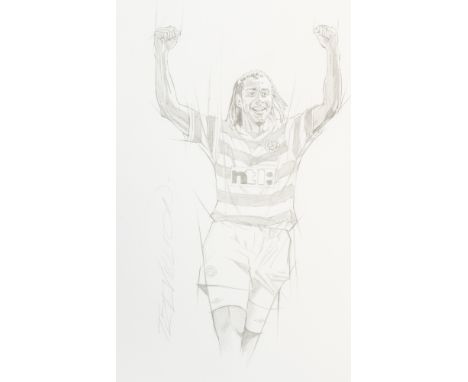 Paul Trevillion (British, born 1934) Henrik Larsson a goal celebration for Celtic FC pencil drawing, 38 x 26cm  signed vertic