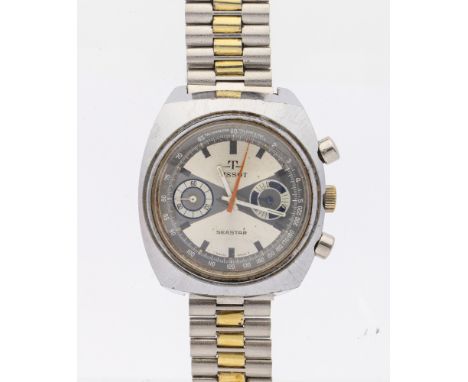 A gents vintage Tissot Seastar race dial 1970's chronograph steel cased wristwatch, comprising a brushed silvered sun burst d