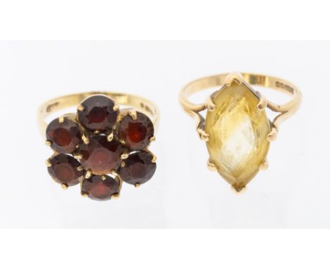 Two 9ct gold stone set rings, including a garnet set floral cluster, set with round mixed cut stones, diameter approx 15cm, s