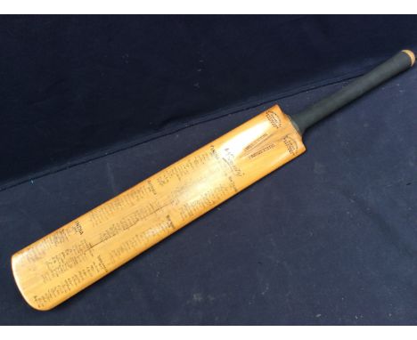 A mid 20th century cricket bat, "The Country", with printed signatures of teams from the 1930s and 40s, reverse with scribed 