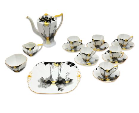 &nbsp;A&nbsp; Shelley 'Sunset and Tall Trees' pattern coffee set comprising coffee pot, sugar, cream jug, six cups and saucer