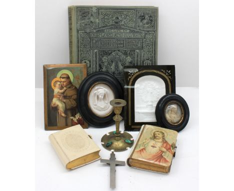 Religious Interest - a mixed lot comprising of: a glazed late 19th / early 20th century plaster image of Maria Zu Einsiedeln,