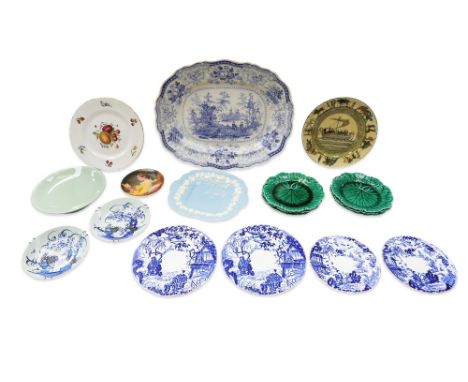 A group of ceramic plates of various types to include a Large platter by Maddock &amp; Seddon , 6 x Wedgwood cabbage leaf pla