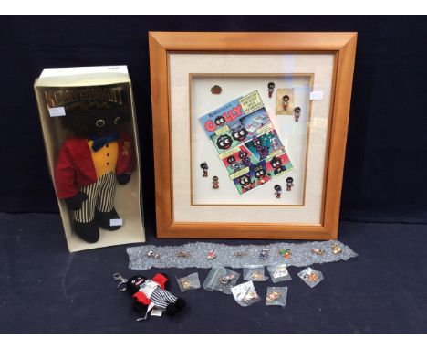  A collection of Robinsons golly badges to include pre war with label and others, loose and in frame with Merrythought boxed 