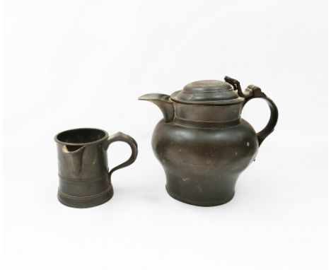 A large bulbous 19th century pewter lidded jug, approximately 20cm high (dented and wear), along with a 19th century pewter h