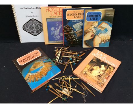 Sewing Interest - a mixed collection of bobbin / lace making tools to include: bone examples, couple with stained bone decora