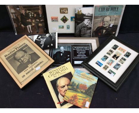  A collection of Sir Winston Churchill ephemera to include framed stamps, funeral of Churchills flyer in frame, selection of 