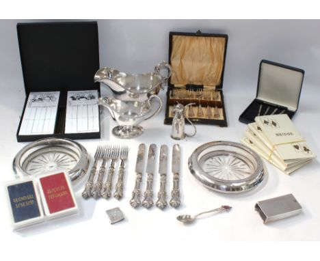 A collection of silver and silver plated items to include: a Victorian silver matchbox holder, of rectangular form, top engra