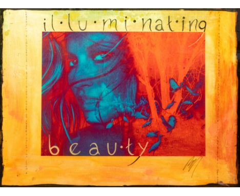 Raphael Mazzucco (b.1970; Canadian); Wild Flower; mixed media; portrait of a blue lady with writing surrounding her; signed a