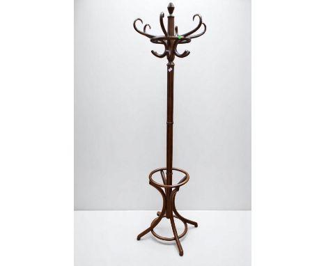 A mid 20th Century mahogany coat/hat hall stand along with an Edwardian jardiniere stand piano stool, a small dropleaf table 