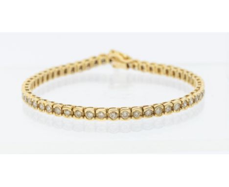 A diamond and 18ct gold tennis bracelet, comprising a row of fifty-four round brilliant cut diamonds, part rub-over set, widt