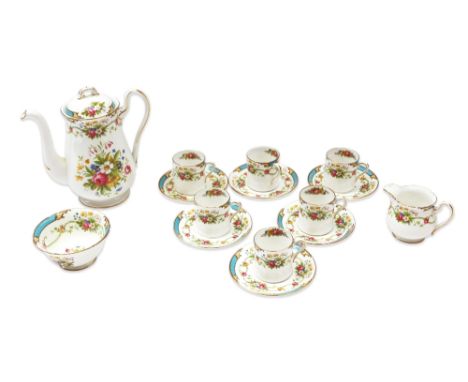 A Shelley 'Dubarry' patterned coffee set, consisting of a coffee pot, sugar bowl, milk jug, six coffee cans and saucers. (1 b