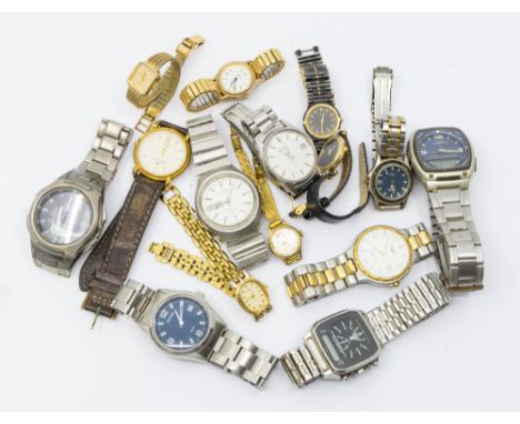 A collection of ladies and gentlemen's wristwatches comprising various styles, designs and colours of metals, including a gol