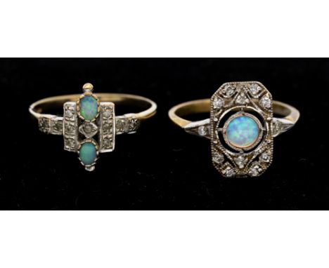 Two Art Deco style rings, comprising a 9ct gold ring set with two opals within a diamond set surround, width approx 13mm, siz