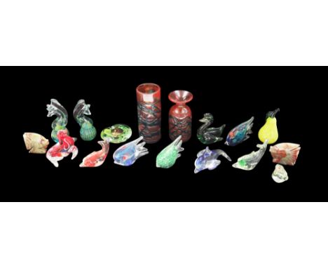 A collection of mixed art glass to include: Mdina glass vases; Mdina paperweights including a paperweight lighter; scent bott