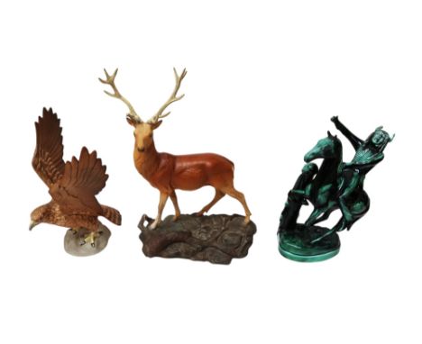 3 Beswick items to include An Eagle on a rock, (matt), together with a Staff on rock , damage to one Antler and a rare figure