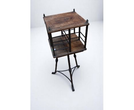 Arts &amp; Crafts revolving book stand on a cast iron support and frame with oak tops along with an Arts &amp; Crafts ladder 