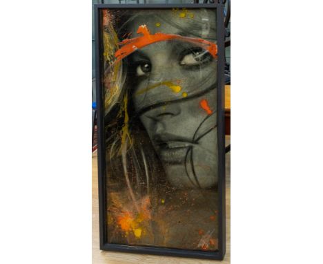 Raphael Mazzucco (b.1970; Canadian); G Force; portrait of lady with orange and yellow splatters; mixed media; signed and fram