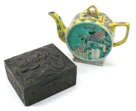 A 20th century Chinese yellow ground tea pot with floral design, approximately 13.5cm high (cover broken and glued, chipped b
