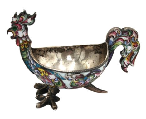 A 20th century Russian silver and enamel novelty salt cellar, of Cockerel form with detailed head and tail, upon two claw fee
