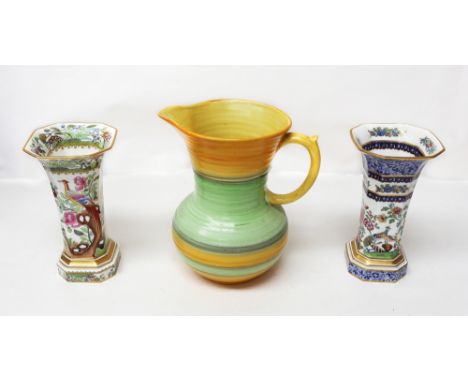 Two 20th Century Copeland Spode vases with a mid 20th Century Shelley water jugs. 1 vase with broken foot , reglued.