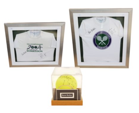  Tennis: A pair of framed and glazed signed Wimbledon t-shirts, signed by Nick Bollettieri; together with a large tennis ball