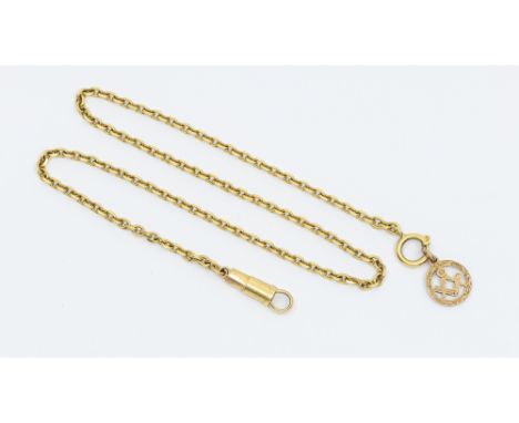 A yellow gold chain width approx 3mm, length approx 42.9cm, with sprung loaded clasp, unmarked tests as 18ct gold, suspending