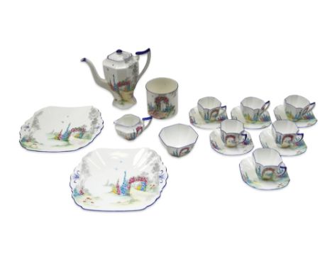 A Shelley 'Archway of Roses' pattern coffee set consisting of coffee pot, sugar, cream jug, six cups and saucers, two x cake 
