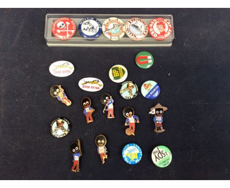Badges: a collection of vintage badges to include Esso, BP, Golly with sporting, Red Ray Space Raynger etc.