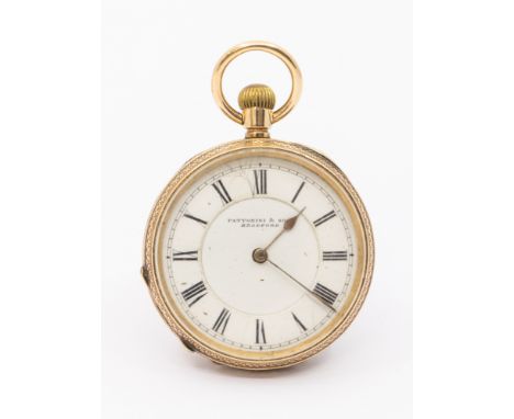 A ladies 10ct gold pocket watch, comprising a white dial signed Fattorini & Sons, numeral markers, key less wind, foliate eng