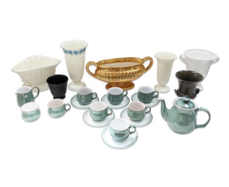 A group of ceramics to include a Denby Tea set for 6 , (1 cup cracked) together with Wedgwood vases, large Grimwades Mantle v