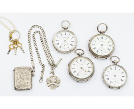A collection of four open faced silver cased pocket watches, all with numeral markers, key wind, to include a Russells Limd o