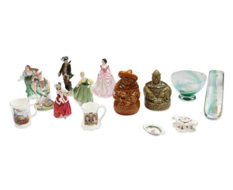 A collection of Royal Doulton lady figures, Caithness glass bowl with vase, tea and coffee jars and other porcelain items.